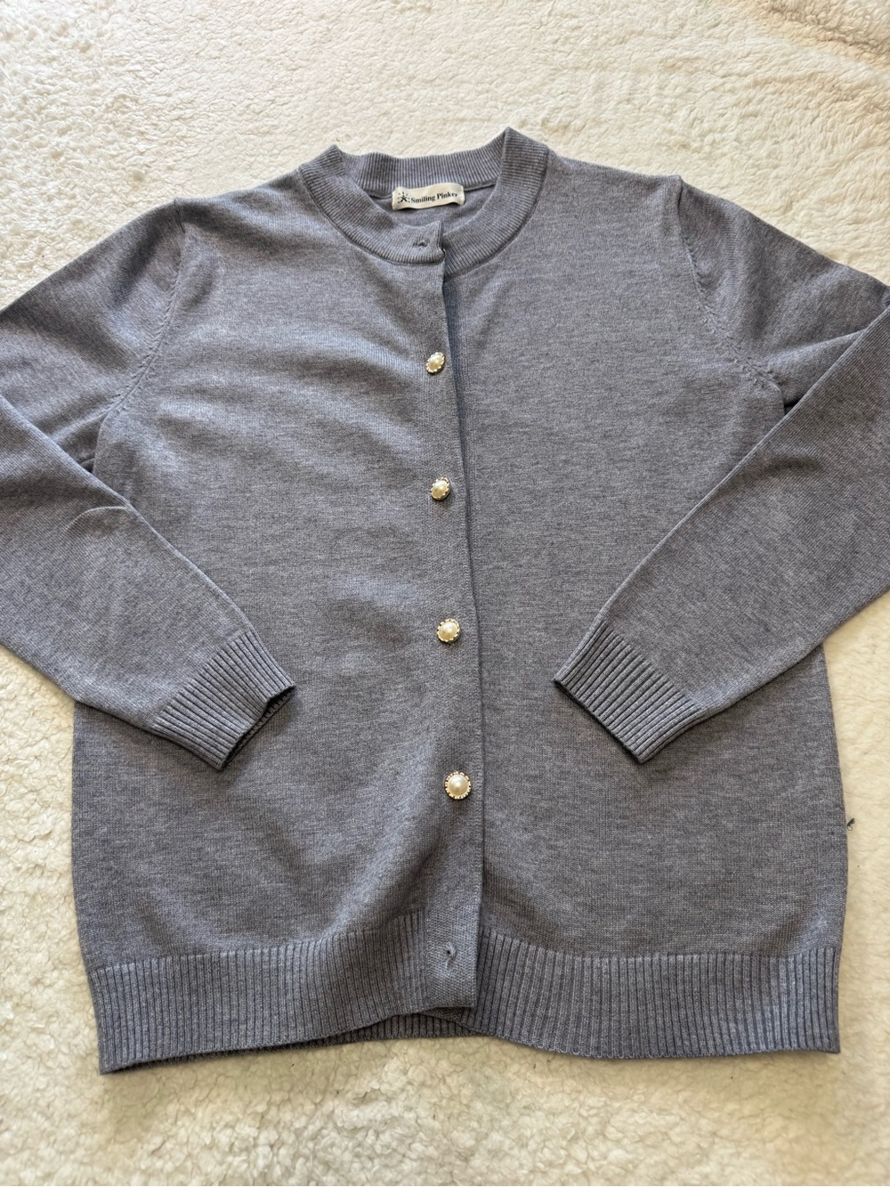 Classic Crewneck Gray Women's Cardigan with Decorative Buttons